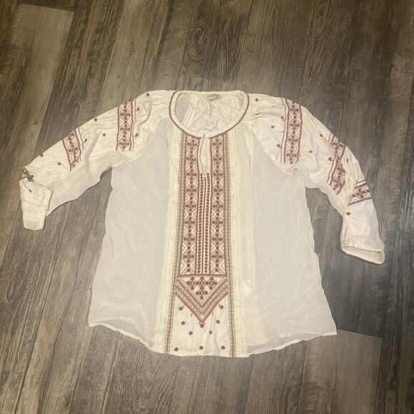 Lucky Embroidered Tunic Top Boho Women’s medium Red Shirt Hippie Ivory - Picture 1 of 7